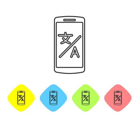 Grey line Online translator icon isolated on white background. Foreign language conversation icons in chat speech bubble. Translating concept. Set icons in color rhombus buttons. Vector Illustrationのイラスト素材