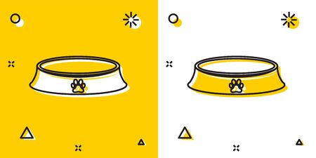 Black Pet food bowl for cat or dog icon isolated on yellow and white background. Dog or cat paw print. Random dynamic shapes. Vector Illustrationのイラスト素材