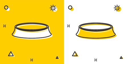 Black Pet food bowl for cat or dog icon isolated on yellow and white background. Random dynamic shapes. Vector Illustrationのイラスト素材