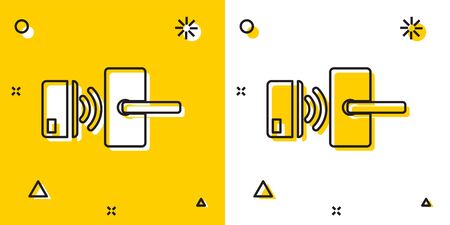 Black Digital door lock with wireless technology for unlock icon isolated on yellow and white background. Door handle sign. Security smart home. Random dynamic shapes. Vector Illustrationのイラスト素材