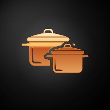 Gold Cooking pot icon isolated on black background. Boil or stew food symbol. Vector Illustrationのイラスト素材