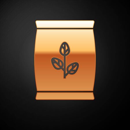 Gold Fertilizer bag icon isolated on black background. Vector Illustrationのイラスト素材
