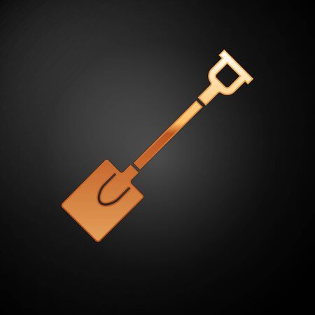 Gold Garden shovel icon isolated on black background. Gardening tool. Tool for horticulture, agriculture, farming. Vector Illustrationのイラスト素材