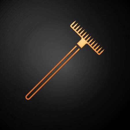 Gold Garden rake icon isolated on black background. Tool for horticulture, agriculture, farming. Ground cultivator. Housekeeping equipment. Vector Illustrationのイラスト素材