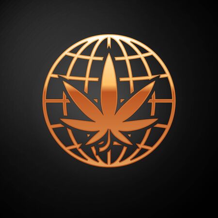 Gold Legalize marijuana or cannabis globe symbol icon isolated on black background. Hemp symbol. Vector Illustrationのイラスト素材