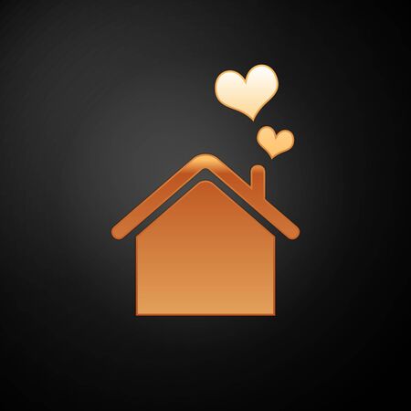 Gold House with heart shape icon isolated on black background. Love home symbol. Family, real estate and realty. Vector Illustrationのイラスト素材