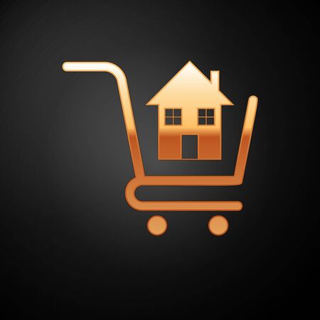Gold Shopping cart with house icon isolated on black background. Buy house concept. Home loan concept, rent, buying a property. Vector Illustrationのイラスト素材