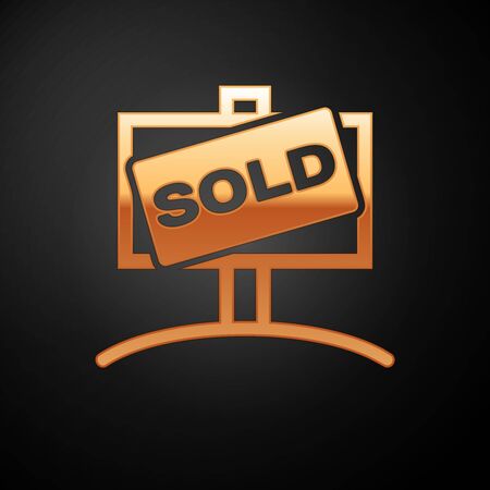 Gold Hanging sign with text Sold icon isolated on black background. Sold sticker. Sold signboard. Vector Illustrationのイラスト素材
