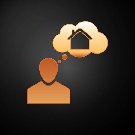 Gold Man dreaming about buying a new house icon isolated on black background. Vector Illustrationのイラスト素材