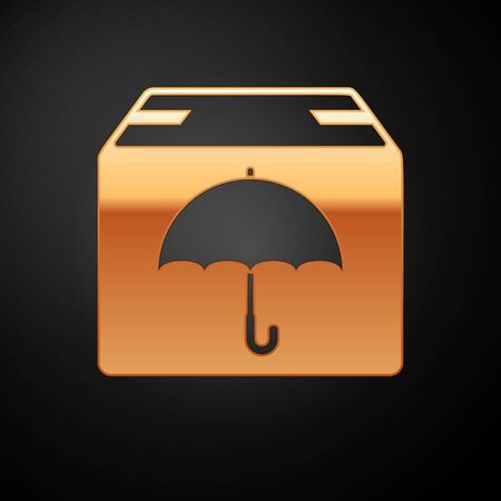 Gold Delivery package with umbrella symbol icon isolated on black background. Parcel cardboard box with umbrella sign. Logistic and delivery. Vector Illustrationのイラスト素材