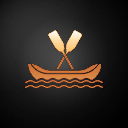 Gold Rafting boat icon isolated on black background. Kayak with paddles. Water sports, extreme sports, holiday, vacation, team building. Vector Illustrationのイラスト素材