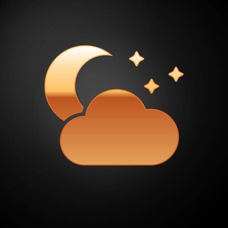 Gold Cloud with moon and stars icon isolated on black background. Cloudy night sign. Sleep dreams symbol. Night or bed time sign. Vector Illustrationのイラスト素材
