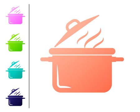 Coral Cooking pot icon isolated on white background. Boil or stew food symbol. Set color icons. Vector Illustrationのイラスト素材