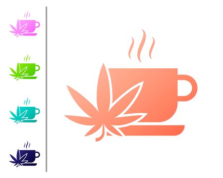 Coral Cup tea with marijuana or cannabis leaf icon isolated on white background. Marijuana legalization. Hemp symbol. Set color icons. Vector Illustrationのイラスト素材