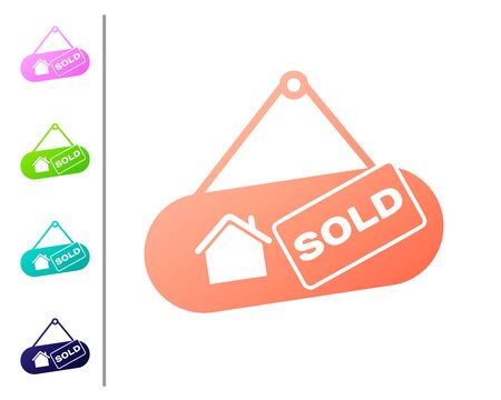 Coral Hanging sign with text Sold icon isolated on white background. Sold sticker. Sold signboard. Set color icons. Vector Illustrationのイラスト素材