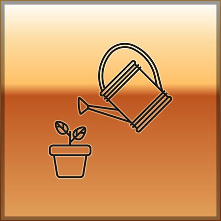 Black Watering can sprays water drops above plant in pot icon isolated on gold background. Irrigation symbol. Vector Illustrationのイラスト素材