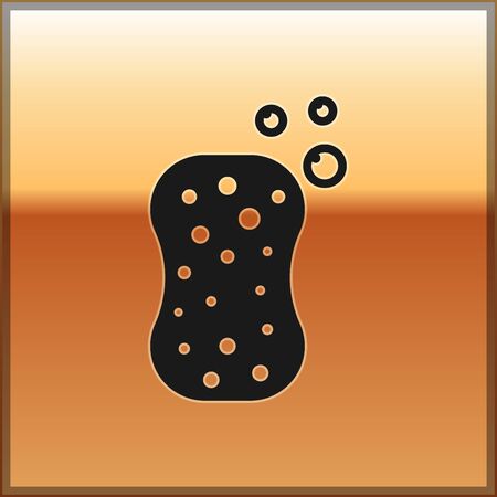 Black Sponge with bubbles icon isolated on gold background. Wisp of bast for washing dishes. Cleaning service logo. Vector Illustrationのイラスト素材