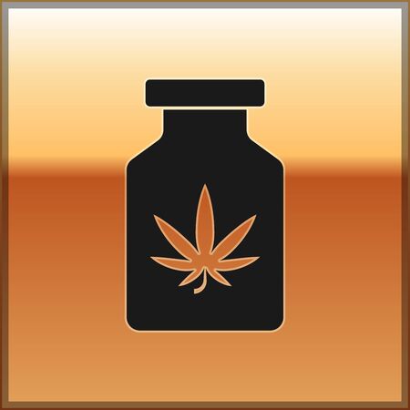 Black Medical bottle with marijuana or cannabis leaf icon isolated on gold background. Mock up of cannabis oil extracts in jars. Vector Illustrationのイラスト素材