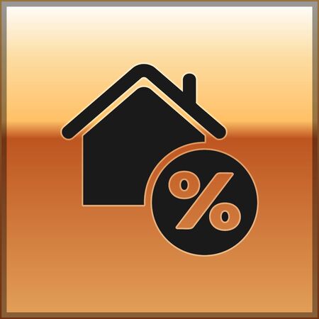 Black House with percant discount tag icon isolated on gold background. House percentage sign price. Real estate home. Credit percentage symbol. Vector Illustrationのイラスト素材