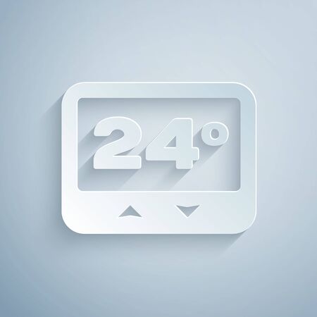 Paper cut Thermostat icon isolated on grey background. Temperature control. Paper art style. Vector Illustrationのイラスト素材