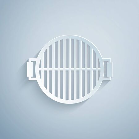 Paper cut Barbecue grill icon isolated on grey background. Top view of BBQ grill. Steel grid. Paper art style. Vector Illustrationのイラスト素材