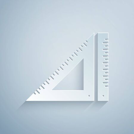 Paper cut Triangular ruler icon isolated on grey background. Straightedge symbol. Geometric symbol. Paper art style. Vector Illustrationのイラスト素材