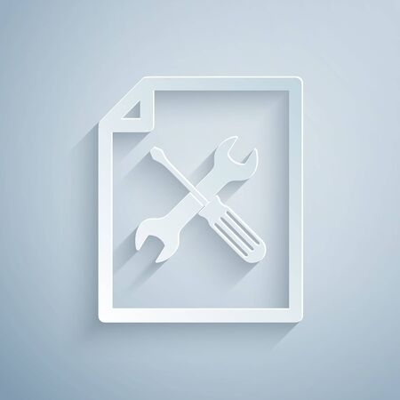Paper cut File document with screwdriver and wrench icon isolated on grey background. Adjusting, service, setting, maintenance, repair, fixing. Paper art style. Vector Illustrationのイラスト素材