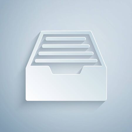 Paper cut Drawer with documents icon isolated on grey background. Archive papers drawer. File Cabinet Drawer. Office furniture. Paper art style. Vector Illustrationのイラスト素材