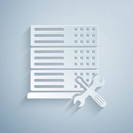 Paper cut Database server with screwdriver and wrench icon isolated on grey background. Adjusting, service, setting, maintenance, repair, fixing. Paper art style. Vector Illustrationのイラスト素材