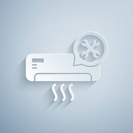 Paper cut Air conditioner with screwdriver and wrench icon isolated on grey background. Adjusting, service, setting, maintenance, repair, fixing. Paper art style. Vector Illustrationのイラスト素材