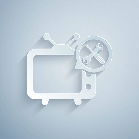 Paper cut Tv with screwdriver and wrench icon isolated on grey background. Adjusting, service, setting, maintenance, repair, fixing. Paper art style. Vector Illustrationのイラスト素材