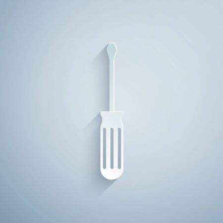 Paper cut Screwdriver icon isolated on grey background. Service tool symbol. Paper art style. Vector Illustrationのイラスト素材
