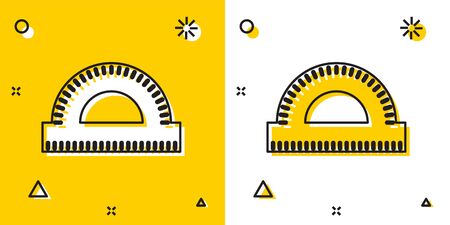 Black Protractor grid for measuring degrees icon isolated on yellow and white background. Tilt angle meter. Measuring tool. Geometric symbol. Random dynamic shapes. Vector Illustrationのイラスト素材