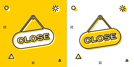 Black Hanging sign with text Close icon isolated on yellow and white background. Business theme for cafe or restaurant. Random dynamic shapes. Vector Illustrationのイラスト素材