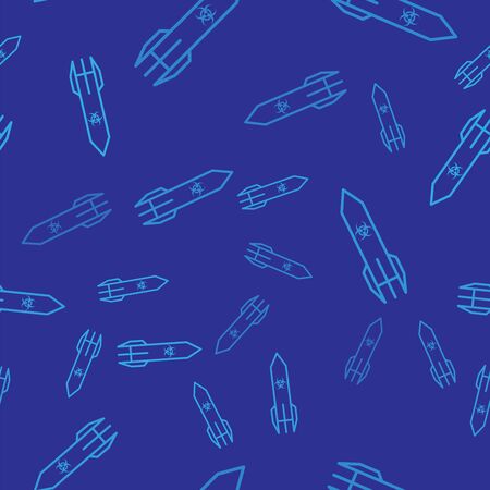 Blue Biohazard rocket icon isolated seamless pattern on blue background. Rocket bomb flies down. Vector Illustrationのイラスト素材
