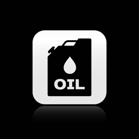 Black Plastic canister for motor machine oil icon isolated on black background. Oil gallon. Oil change service and repair. Engine oil sign. Silver square button. Vector Illustrationのイラスト素材