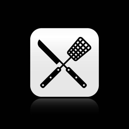 Black Crossed knife and spatula icon isolated on black background. BBQ knife and spatula sign. Barbecue and grill tools. Silver square button. Vector Illustrationのイラスト素材