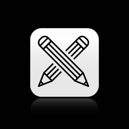 Black Crossed pencil icon isolated on black background. Education sign. Drawing and educational tools. School office symbol. Silver square button. Vector Illustrationのイラスト素材