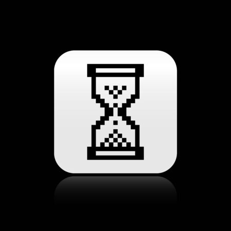 Black Hourglass pixel with flowing sand icon isolated on black background. Sand clock sign. Business and time management concept. Silver square button. Vector Illustrationのイラスト素材