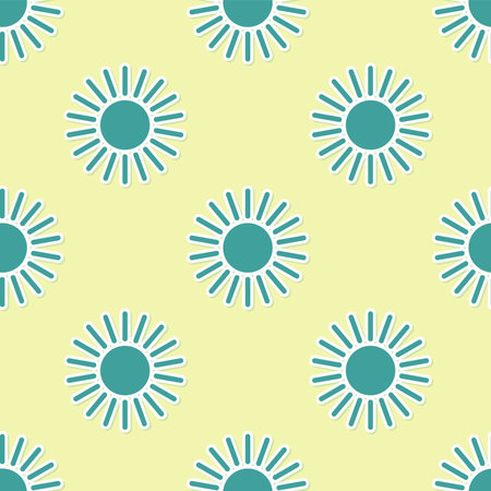 Green Sun icon isolated seamless pattern on yellow background. Vector Illustration