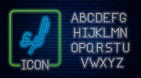 Glowing neon Signature line icon isolated on brick wall background. Pen and undersign, underwrite, ratify symbol. Neon light alphabet. Vector Illustrationのイラスト素材