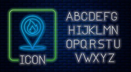 Glowing neon Map pointer with fire flame icon isolated on brick wall background. Fire nearby. Neon light alphabet. Vector Illustrationのイラスト素材