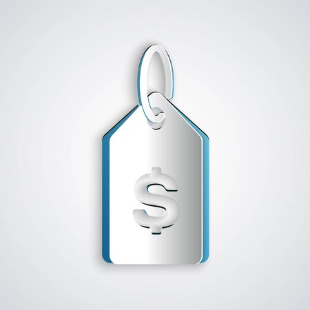 Paper cut Price tag with dollar icon isolated on grey background. Badge for price. Sale with dollar symbol. Promo tag discount. Paper art style. Vector Illustrationのイラスト素材