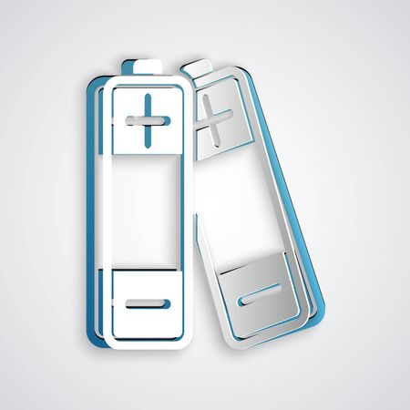Paper cut Battery icon isolated on grey background. Lightning bolt symbol. Paper art style. Vector Illustrationのイラスト素材