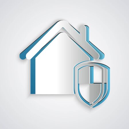 Paper cut House under protection icon isolated on grey background. Home and shield. Protection, safety, security, protect, defense concept. Paper art style. Vector Illustrationのイラスト素材