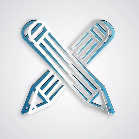 Paper cut Crossed pencil icon isolated on grey background. Education sign. Drawing and educational tools. School office symbol. Paper art style. Vector Illustrationのイラスト素材
