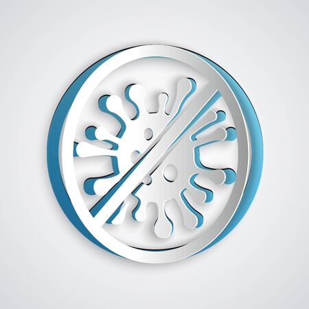 Paper cut Stop virus, bacteria, germs and microbe icon isolated on grey background. Antibacterial and antiviral defence, protection infection. Paper art style. Vector Illustrationのイラスト素材