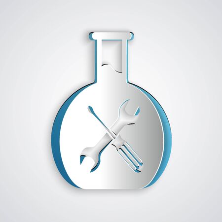 Paper cut Bioengineering with screwdriver and wrench icon isolated on grey background. Adjusting, service, setting, maintenance, repair, fixing. Paper art style. Vector Illustrationのイラスト素材