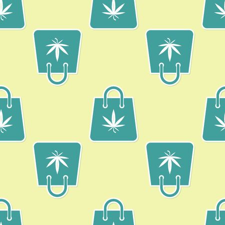Green Shopping paper bag of medical marijuana or cannabis leaf icon isolated seamless pattern on yellow background. Buying cannabis. Hemp symbol. Vector Illustrationのイラスト素材