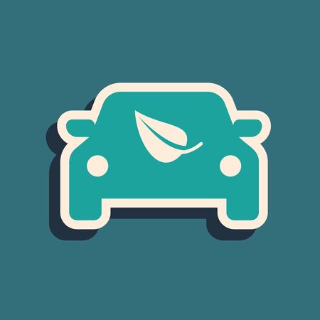 Green Eco car concept drive with leaf icon isolated on blue background. Green energy car symbol. Long shadow style. Vector Illustrationのイラスト素材
